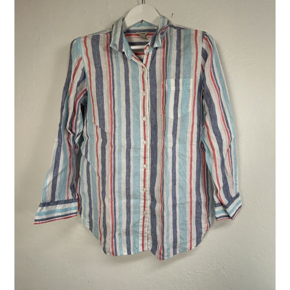 L.L.Bean Womens Striped Long-Sleeve Linen Button-Down Shirt Large Light Blue/Red